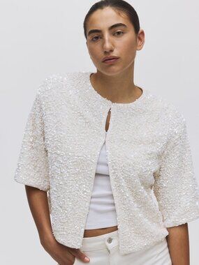 H&M White Sequined Cardigan Size L NWT Sparkly Party Holiday
